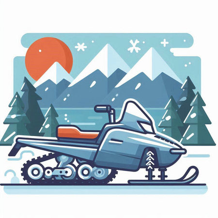 Snowmobile on the background of the mountains. Vector illustration in flat style.のイラスト素材
