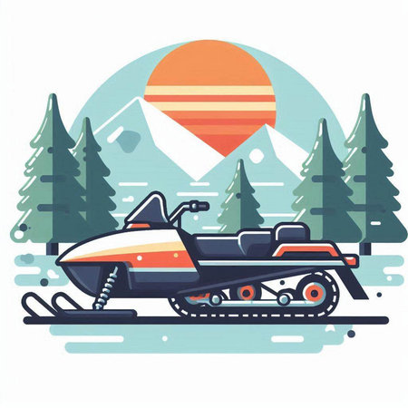 Snowmobile in the forest. Vector illustration in flat design style.のイラスト素材