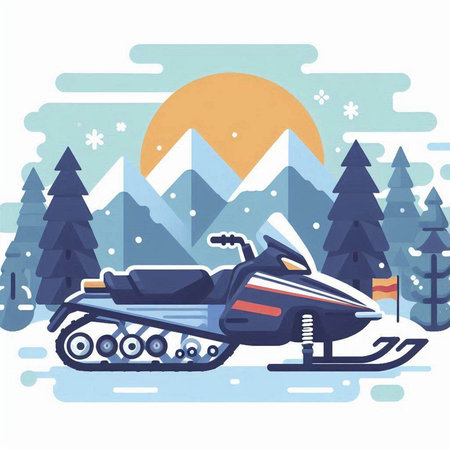 Snowmobile in the winter forest. Vector illustration in flat style.のイラスト素材
