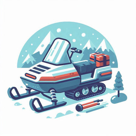 Snowmobile in the winter forest. Vector illustration in flat style.のイラスト素材
