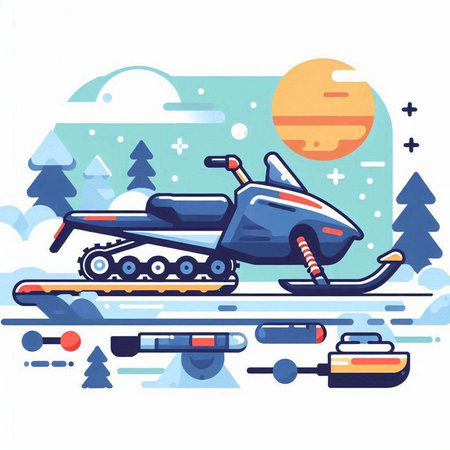 Snowmobile in the winter landscape. Vector illustration in flat style.のイラスト素材