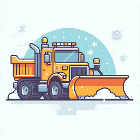 Snowplow and snowflakes. Vector illustration in flat style.のイラスト素材