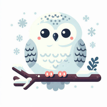 Cute cartoon owl sitting on a branch with snowflakes. Vector illustration.のイラスト素材