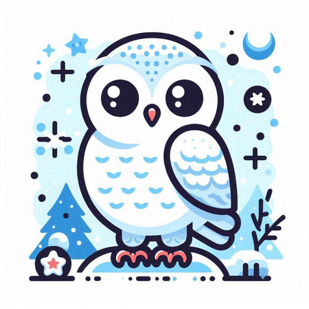Cute cartoon owl on snow background. Vector illustration in flat style.のイラスト素材