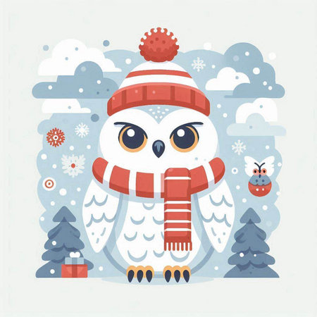 Christmas greeting card with cute owl. Vector illustration in flat style.のイラスト素材