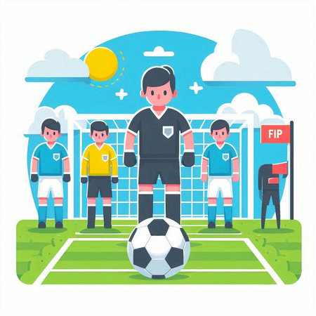 Soccer players and goalkeeper on the field. Flat vector illustration.のイラスト素材
