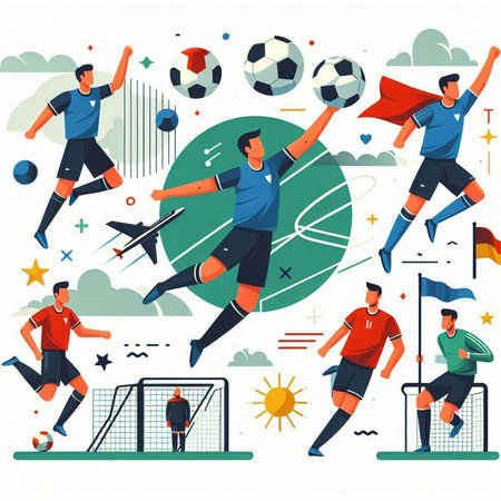 Soccer players in action, vector flat illustration. Soccer players with ball, goalkeeper and goalkeeper.のイラスト素材