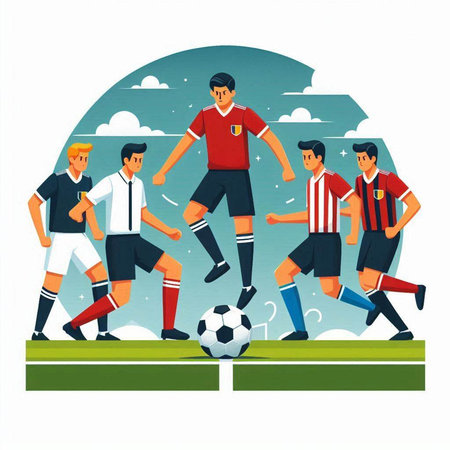 Soccer players in action. Soccer match. Flat style vector illustration.のイラスト素材