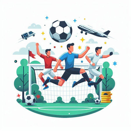 Soccer players on the football field. Flat design vector illustration.のイラスト素材