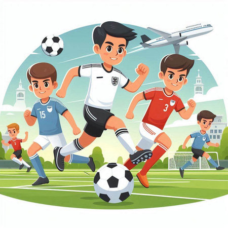 Soccer players in action on the stadium. Cartoon vector illustration.のイラスト素材