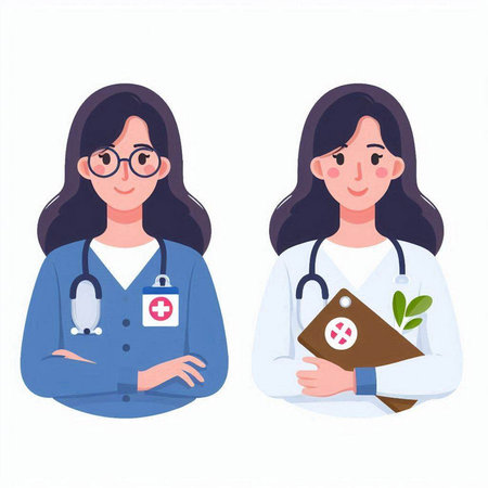 Female doctor and nurse with stethoscope. Vector illustration in cartoon style.のイラスト素材