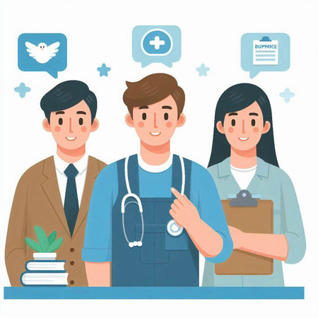 Medical staff. Doctor, nurse and patient. Vector illustration in flat styleのイラスト素材