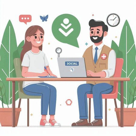 Vector illustration of man and woman sitting at table with laptop and talking.のイラスト素材