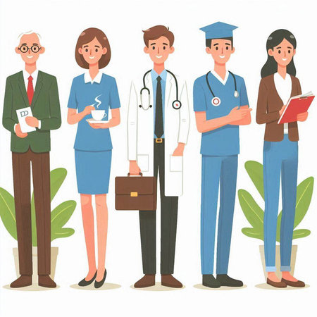 Group of doctors and nurses in uniform. Vector illustration in cartoon style.のイラスト素材