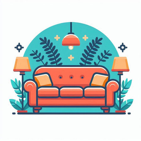 Living room with sofa, lamp and plants. Flat vector illustration.のイラスト素材