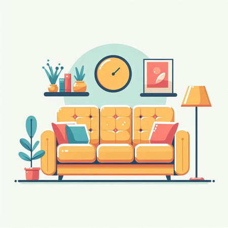 Living room interior. Comfortable sofa, lamp, plants and clock. Flat vector illustrationのイラスト素材
