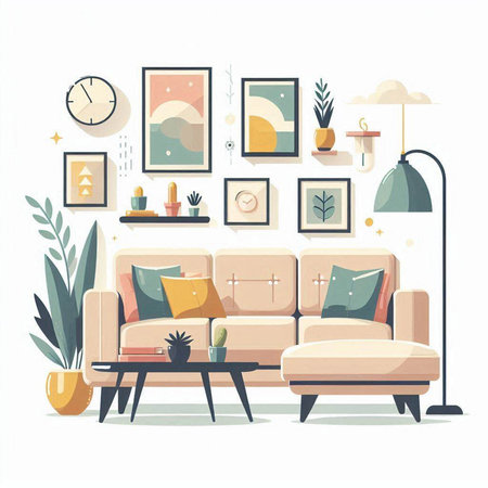 Living room interior with sofa, coffee table, potted plant, clock and other objects. Flat vector illustration.のイラスト素材