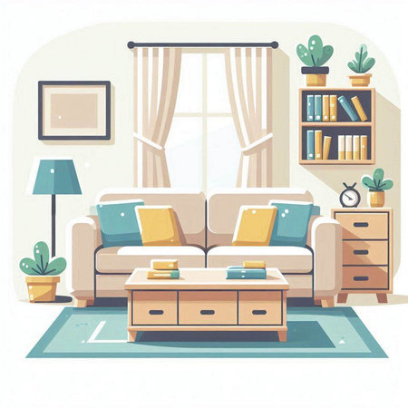Living room interior with sofa and bookshelf. Vector illustration.のイラスト素材