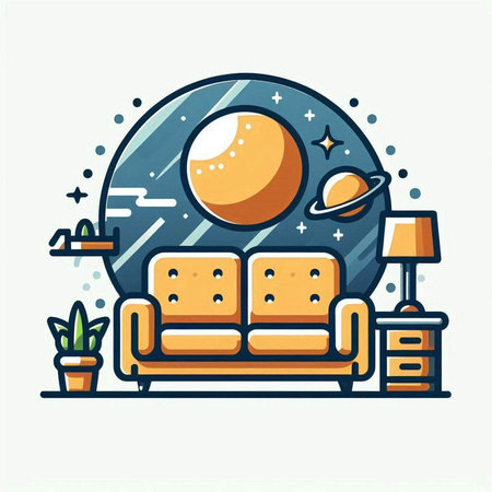 Illustration of home interior with sofa, lamp, nightstand and moon.のイラスト素材