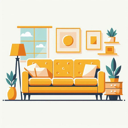 Living room interior with yellow sofa, lamp and plants. Vector illustration.のイラスト素材
