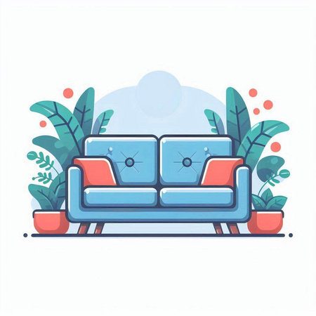 Living room with sofa and plants. Vector illustration in flat style.のイラスト素材