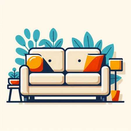 Living room with sofa, armchair and plants. Flat style vector illustration.のイラスト素材