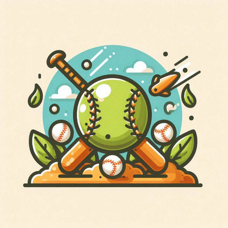Vector illustration of baseball ball with bat and ball on the field.のイラスト素材