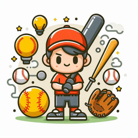 Baseball boy with ball, bat and glove. Vector illustration.のイラスト素材