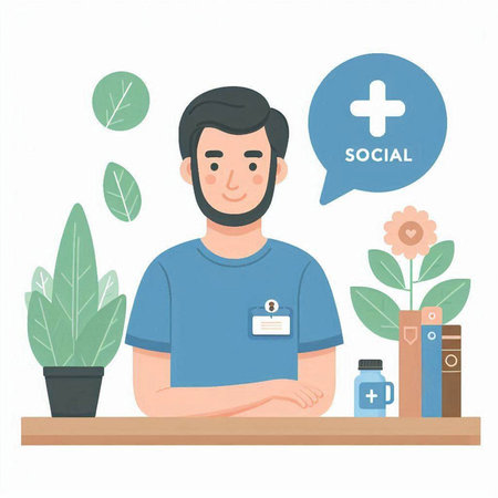 Pharmacist at his workplace. Vector illustration in flat style.のイラスト素材