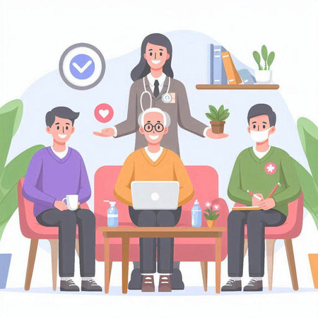 Doctor and patient sitting at the table. Vector illustration in flat styleのイラスト素材