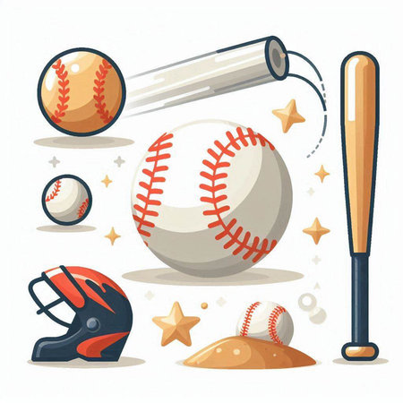 Baseball sport equipment. Baseball ball, bat, ball, helmet. Vector illustration.のイラスト素材