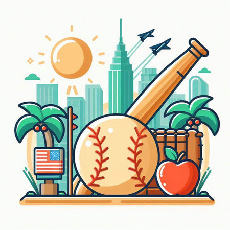 Vector illustration of a baseball bat, ball and apple on the background of the city.のイラスト素材