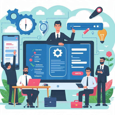 Vector illustration of business people working on computer screen. Teamwork concept.のイラスト素材