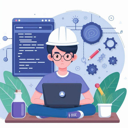 Engineer working on laptop computer. Vector illustration in flat style.のイラスト素材