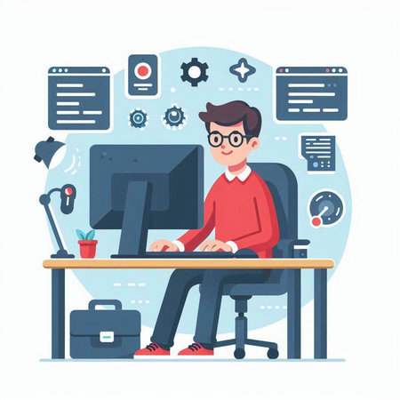 Young man working on computer in office. Vector illustration in flat styleのイラスト素材
