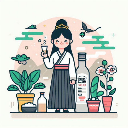 Korean woman in traditional costume with a tequila bottle. Vector illustration.のイラスト素材