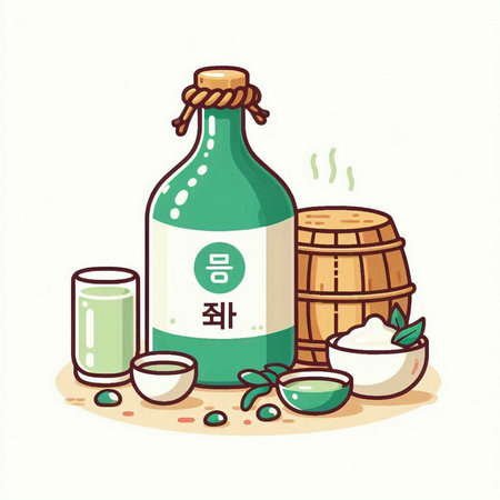 Vector illustration of Japanese sake in a bottle with a wooden barrel.のイラスト素材