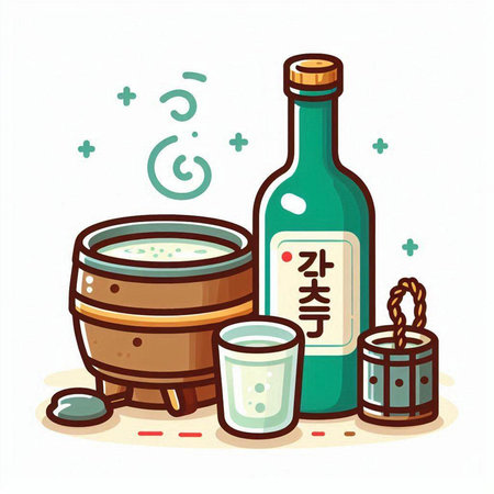 Illustration of a sake bottle and sake cup on a white backgroundのイラスト素材