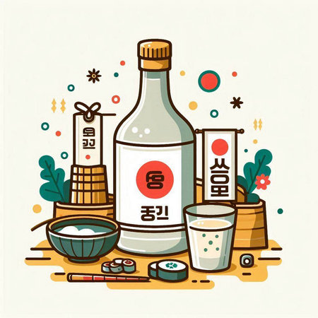 Japanese sake in a bottle and sake in a glass. Vector illustration.のイラスト素材