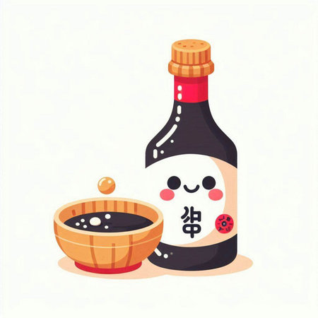 Soy sauce in a bottle and a wooden bowl. Vector illustration.のイラスト素材