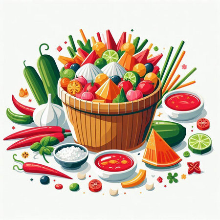 Illustration of a basket full of fresh vegetables. Vector illustration.のイラスト素材