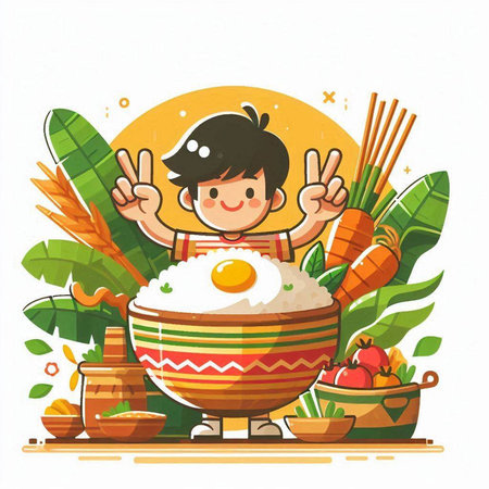 Vector illustration of Indian boy holding rice bowl with fried egg and vegetablesのイラスト素材