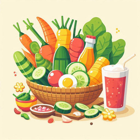 Vector illustration of fresh vegetables in a basket with a glass of juiceのイラスト素材