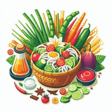 Vector illustration of Thai food in a bowl with chopsticks and vegetablesのイラスト素材