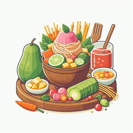 Bowl of healthy food. Vector illustration in flat cartoon style.のイラスト素材