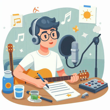 Man playing guitar, singing and recording music at home. Vector illustrationのイラスト素材