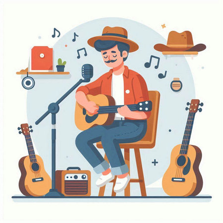 Hipster man singing and playing guitar. Vector illustration in flat styleのイラスト素材