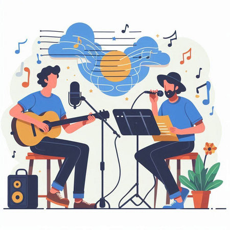 Man and woman singing and playing musical instruments. Flat style vector illustration.のイラスト素材