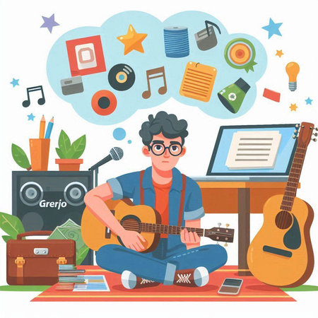 Vector illustration of a young man playing guitar at home. Flat style.のイラスト素材
