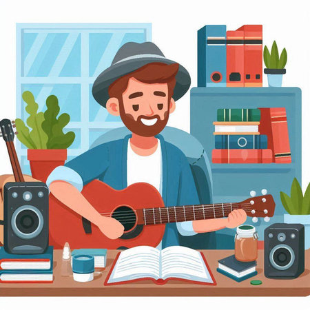 Man playing guitar at home. Male character in flat style. Vector illustrationのイラスト素材